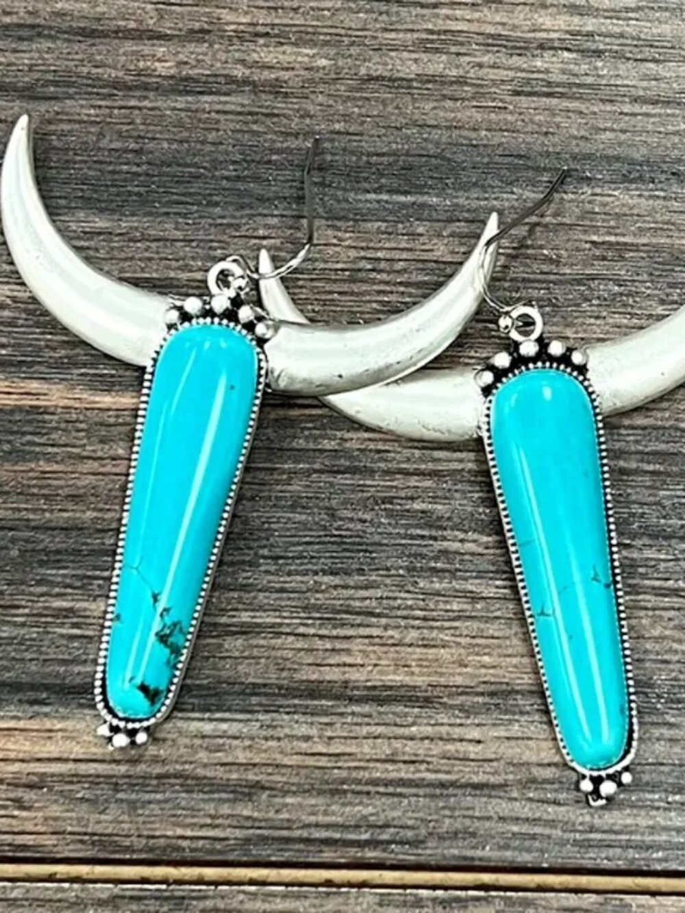 Turquoise Horn Earrings Western Boho Rodeo Longhorn Statement Dangle Earrings
